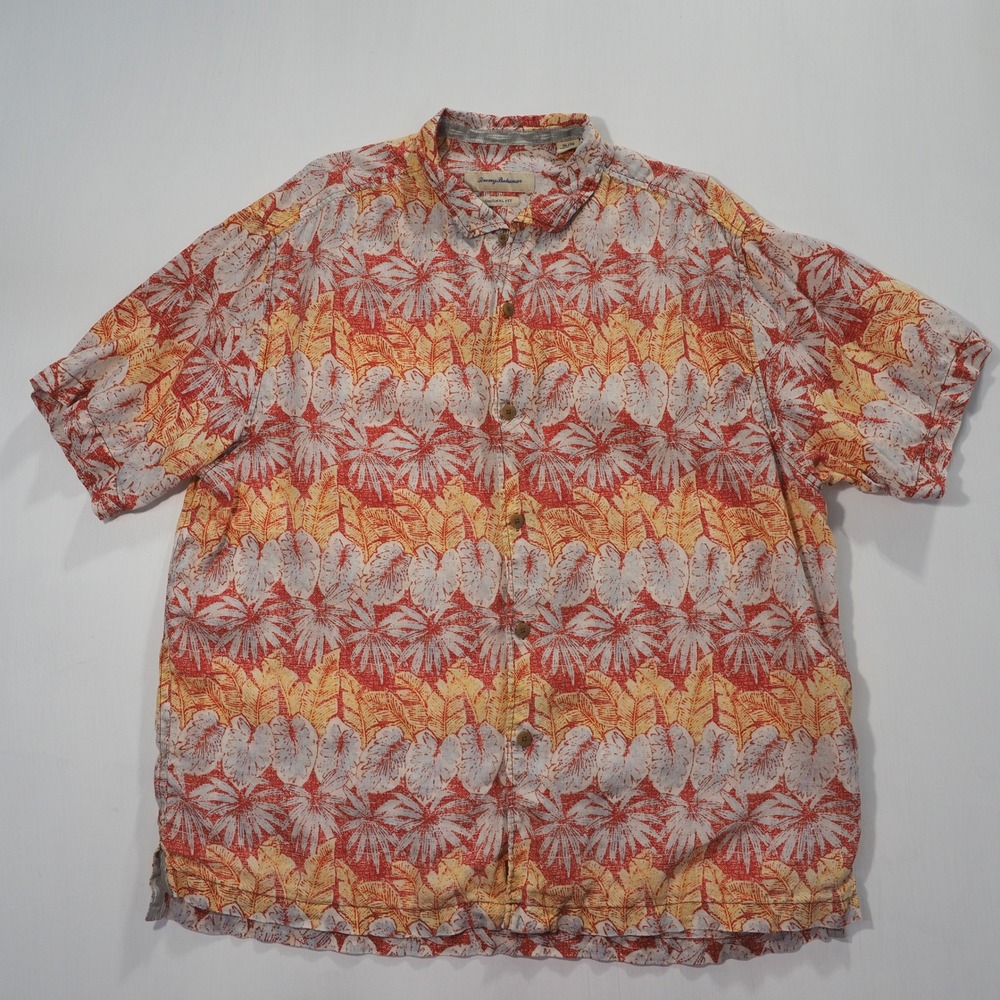 Tommy Bahama Shirt Mens Extra Large Red Linen Tropical Hawaiian Button Down